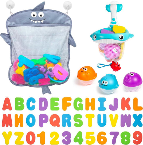 Comfylife Baby Bath Toy Organizer - Bath Toy Storage for Shower - Bathtub Toy Organizer includes Foam Bath Toys (Numbers & Letters & Squirty Toys)...